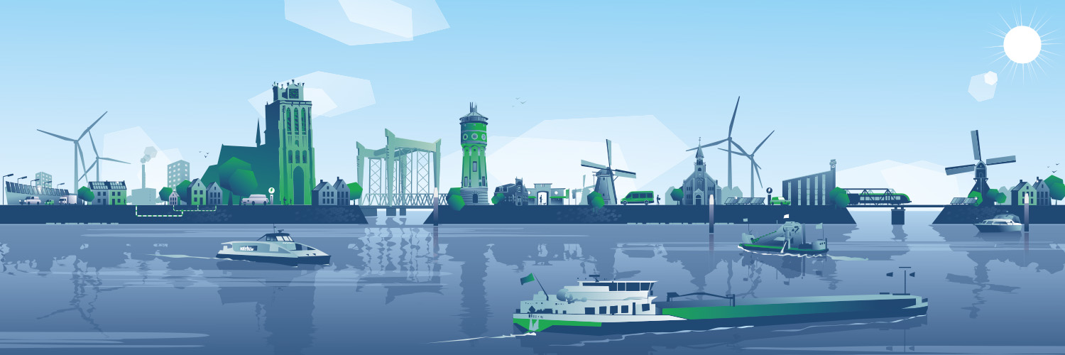 Skyline Drechtsteden met iconische kenmerken van de Drechtstedengemeenten (illustratie)