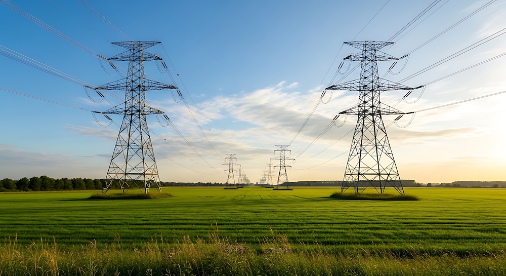 Twee elektriciteitsmasten met kabels in een weiland